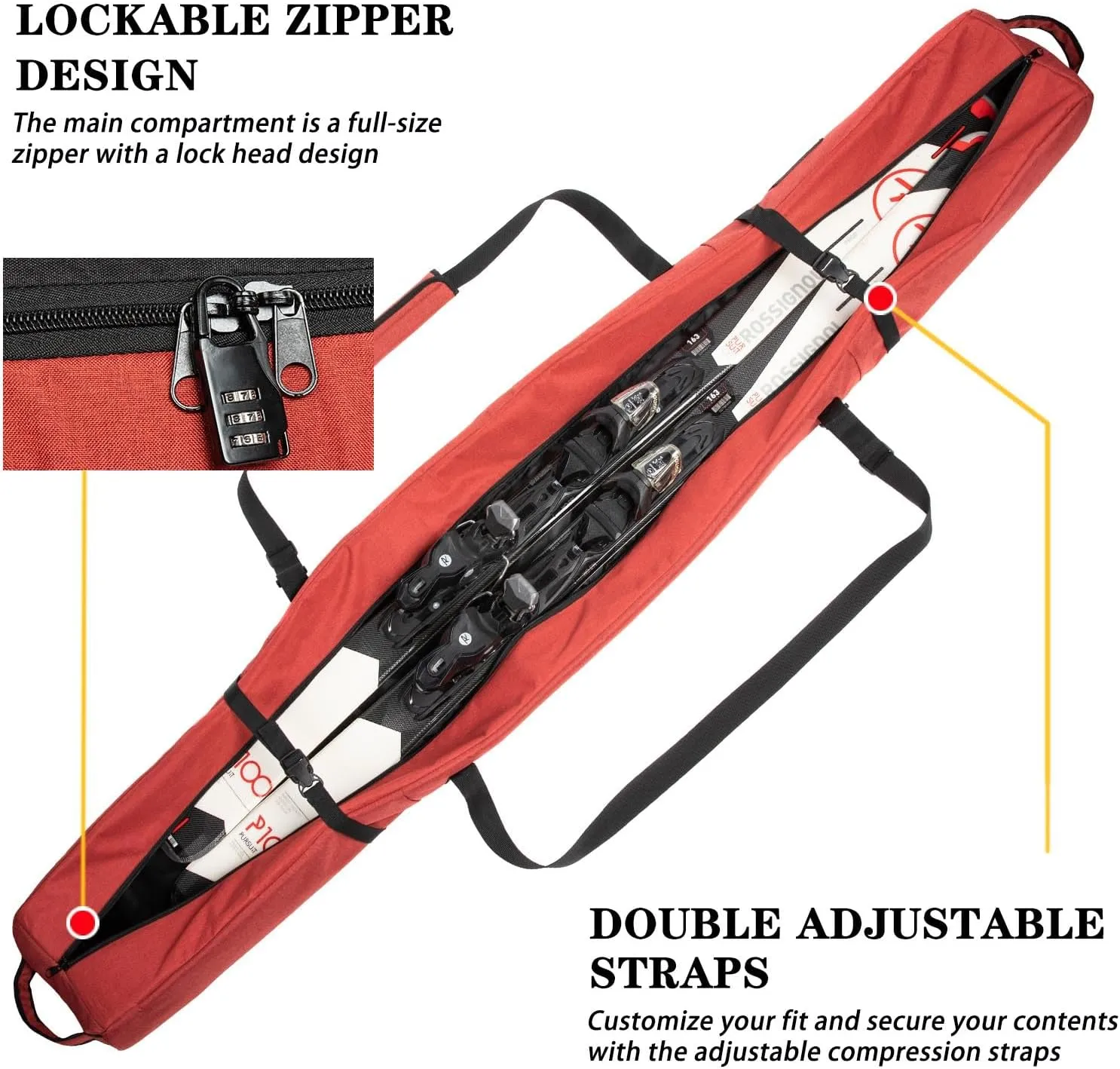 Ski Bag for Air Travel,Single Ski Carry Bag With Fully Padded Protection,Water-Resistant and Durable Fits Up From 175cm to 190cm Skis.