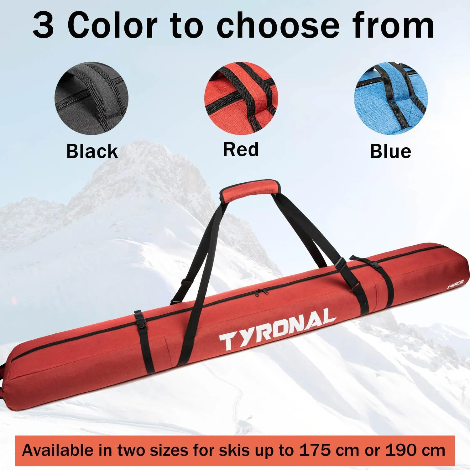 Ski Bag for Air Travel,Single Ski Carry Bag With Fully Padded Protection,Water-Resistant and Durable Fits Up From 175cm to 190cm Skis.