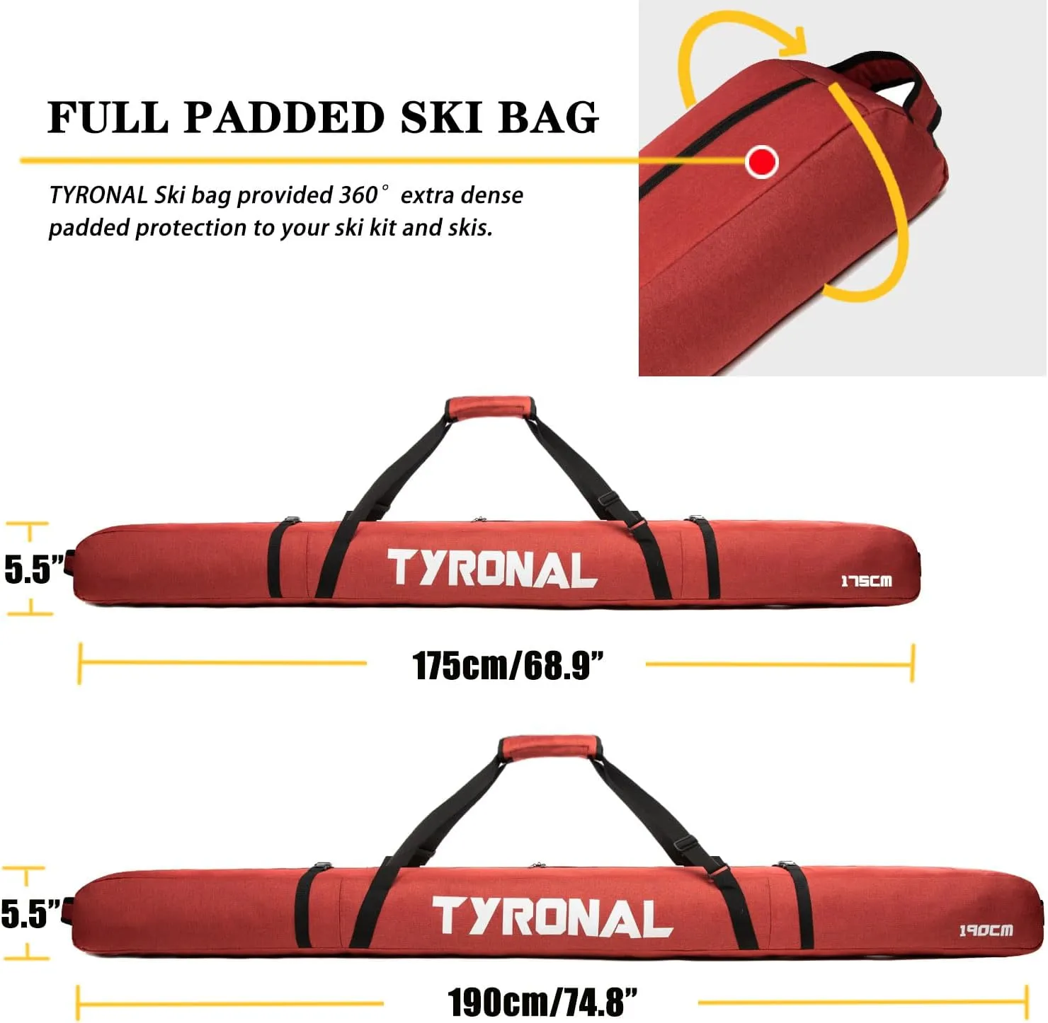 Ski Bag for Air Travel,Single Ski Carry Bag With Fully Padded Protection,Water-Resistant and Durable Fits Up From 175cm to 190cm Skis.