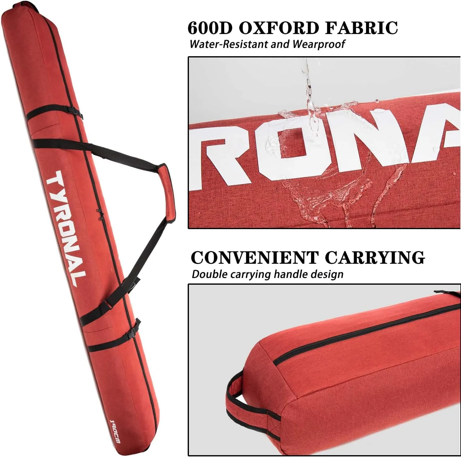 Ski Bag for Air Travel,Single Ski Carry Bag With Fully Padded Protection,Water-Resistant and Durable Fits Up From 175cm to 190cm Skis.