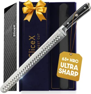 SliceX Luxury Brisket & Carving Knife - Thoughtful Gifts for Men and Dad - 12" Japanese AUS-10V Damascus Steel - 63  HRC - Razor Sharp, Full Tang, Military Grade Ergonomic Handle