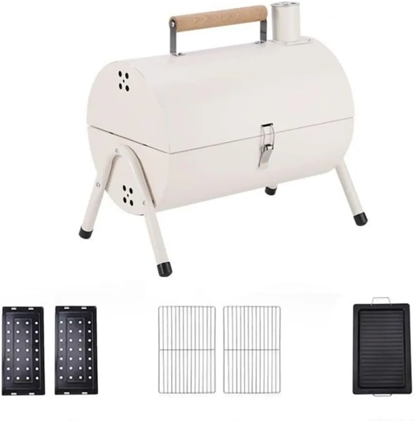 Small Portable Charcoal Grill, Folding Double Sided Camping Barbecue Grill with Handle, Portable Table Charcoal Grill, Barbeque Grill with Chimney(White)