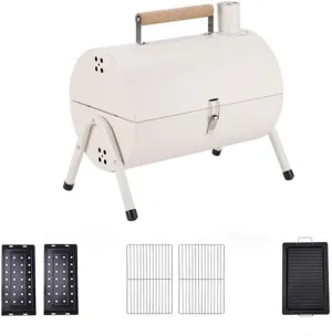 Small Portable Charcoal Grill, Folding Double Sided Camping Barbecue Grill with Handle, Portable Table Charcoal Grill, Barbeque Grill with Chimney(White)