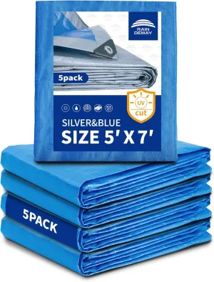 Small Tarps 5x7 Feet (5 Pack), 5.5 Mil Thick, Multipurpose Waterproof Poly Tarp Cover with Metal Grommets and Reinforced Edges, Silver/Blue Tarp by RAINDEWAY