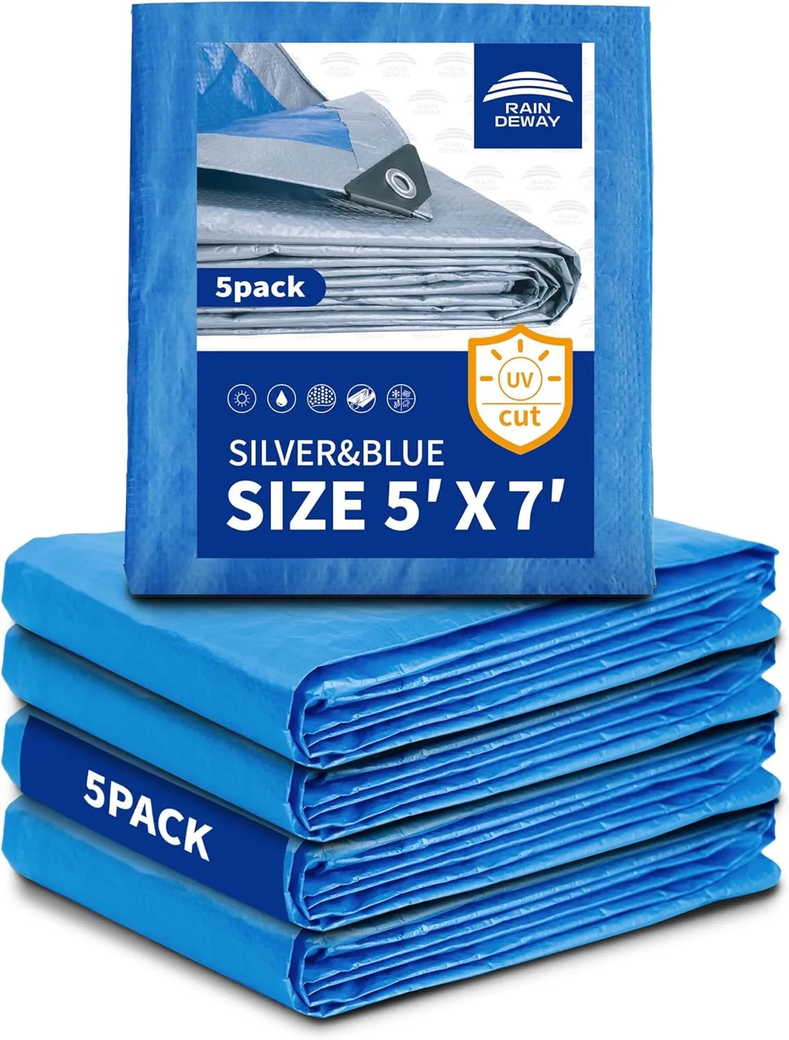 Small Tarps 5x7 Feet (5 Pack), 5.5 Mil Thick, Multipurpose Waterproof Poly Tarp Cover with Metal Grommets and Reinforced Edges, Silver/Blue Tarp by RAINDEWAY
