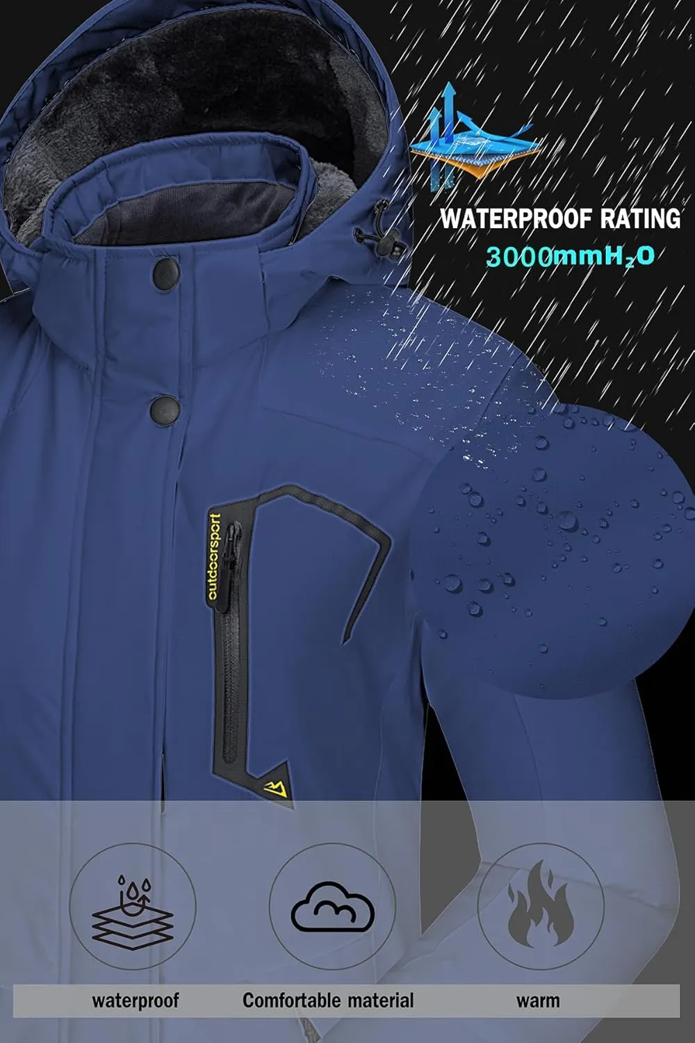 SMENG Womens Ski Jacket Waterproof Warm Winter Coats Windproof Fleece Lined Jacket Detachable Hood