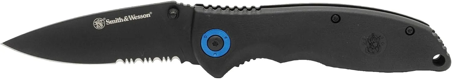 Smith & Wesson 7.65in High Carbon S.S. Keychain Folding Knife with 3.25in Serrated Clip Point Blade and Polymer Handle for Outdoor Survival, Camping and EDC