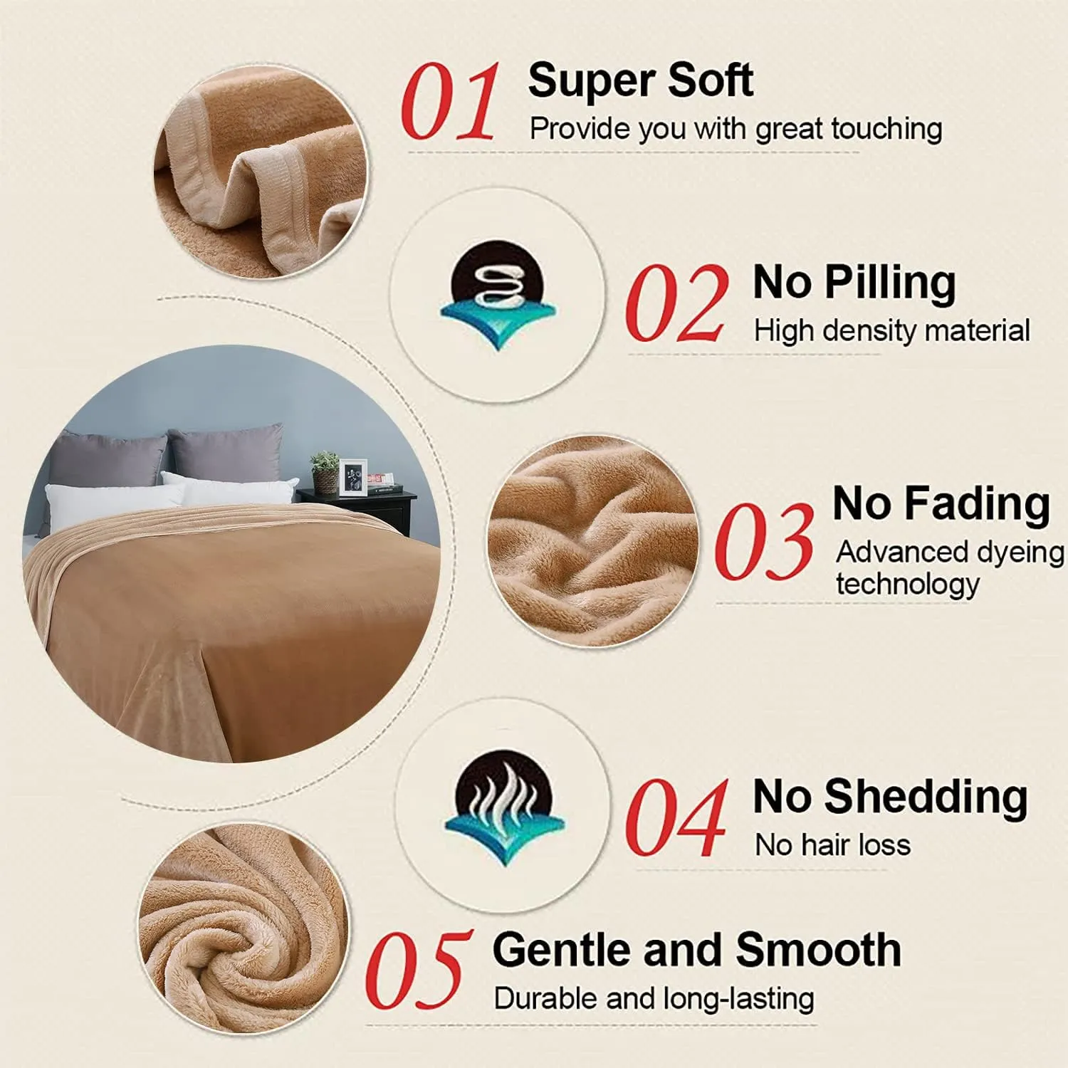 Soft Queen Size Blanket All Season Warm Fuzzy Microplush Lightweight Thermal Fleece Blankets for Couch Bed Sofa,90x90 Inches,Camel