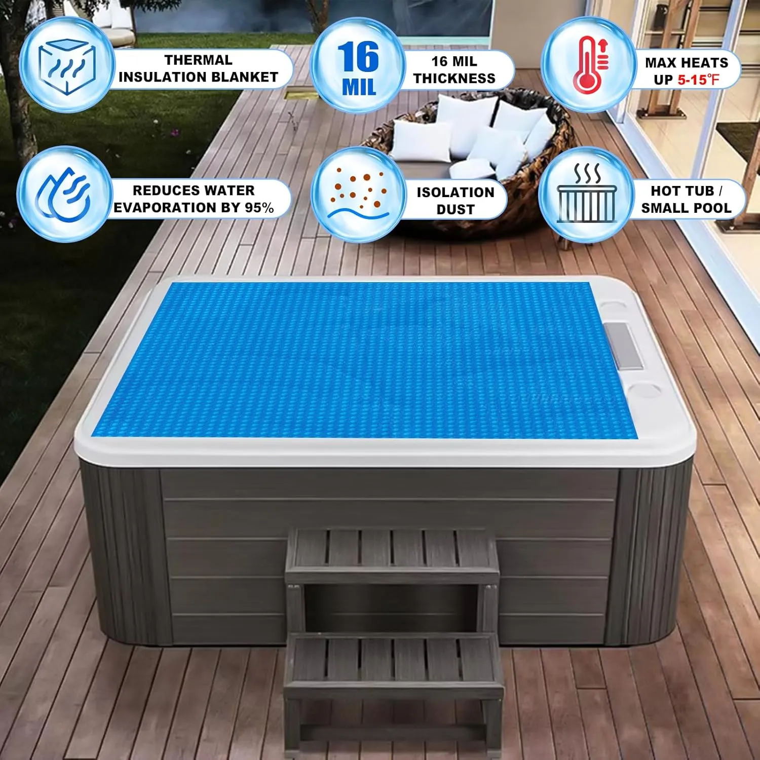 Solar Bubble Hot Tub Spa Cover for 4.5 x 4.5 FT Square Inflatable Swimming Pool Blanket Thermal Floating Insulation 16 Mil Bubble Solar Covers for Indoor Outdoor Spa Hot Tub Wrap Covers