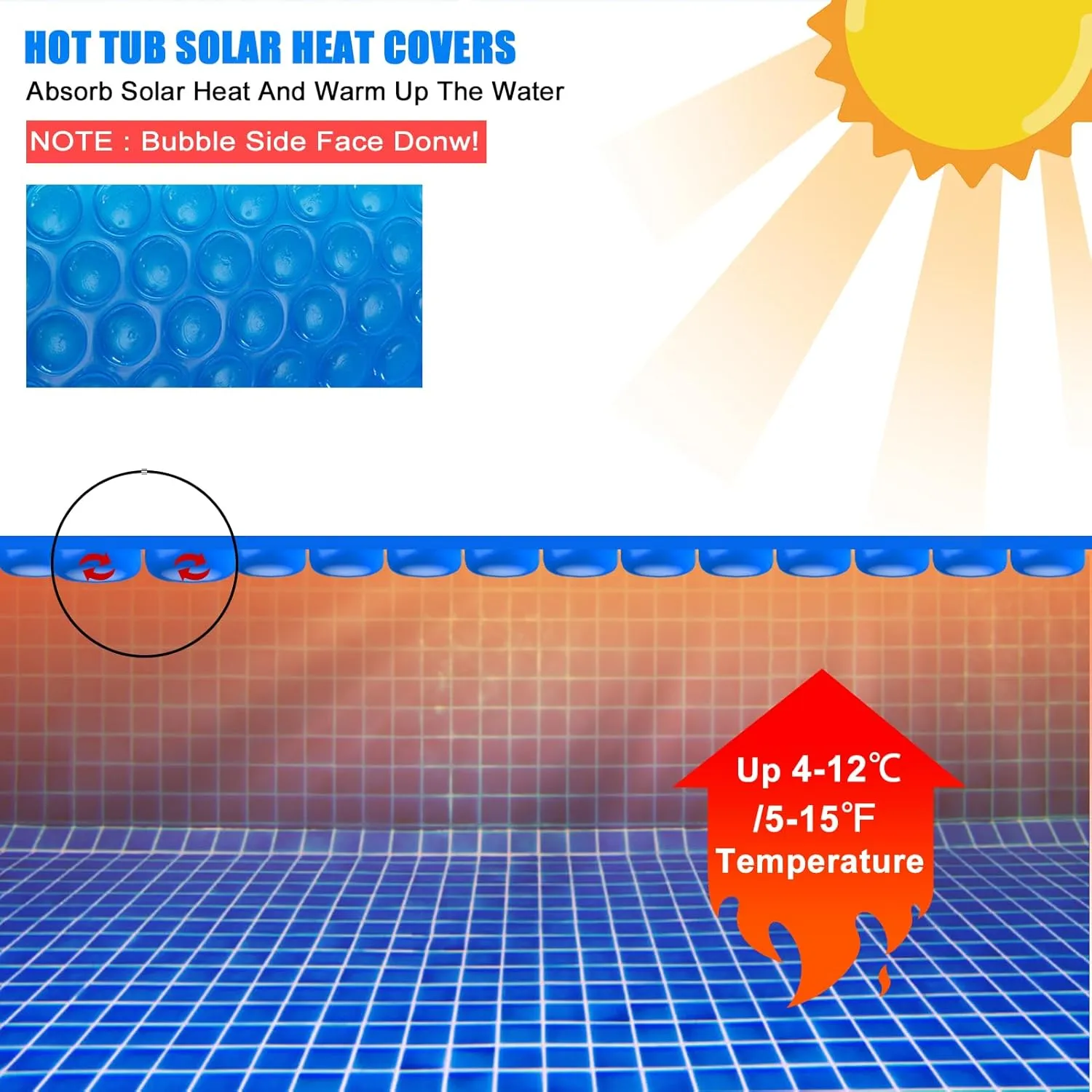 Solar Bubble Hot Tub Spa Cover for 4.7FT Round Circle Inflatable Swimming Pool Blanket Thermal Floating Insulation 16 Mil Bubble Solar Covers for Indoor Outdoor Spa Hot Tub Wrap Covers
