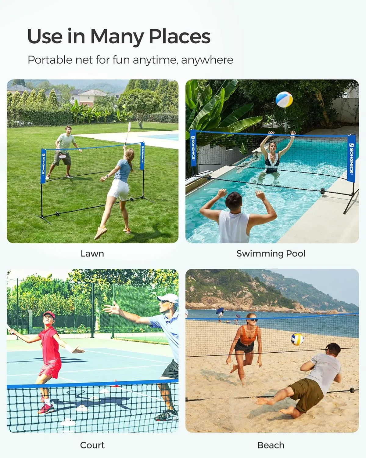 SONGMICS Badminton Net, Height Adjustable Volleyball Net, Pickleball Net for Junior Tennis, Kids, Indoor Outdoor Court, Foldable Nylon Net with Poles 10ft/13ft/16.5ft Wide