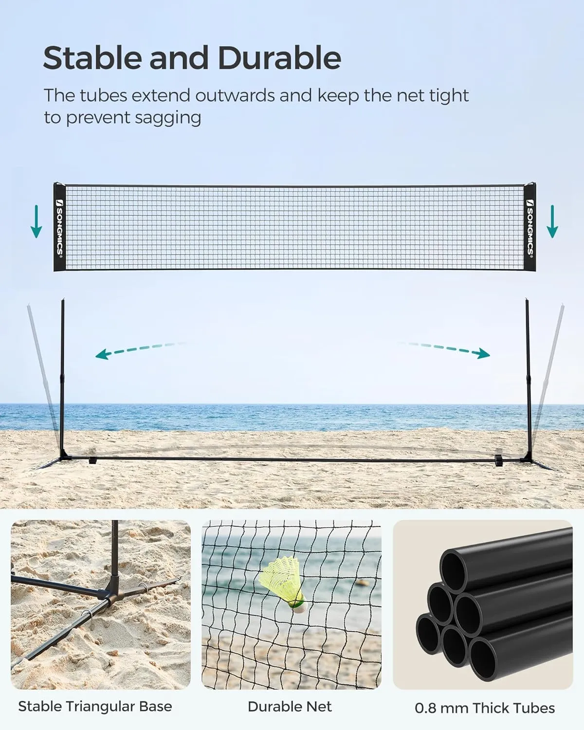 SONGMICS Badminton Net, Height Adjustable Volleyball Net, Pickleball Net for Junior Tennis, Kids, Indoor Outdoor Court, Foldable Nylon Net with Poles 10ft/13ft/16.5ft Wide