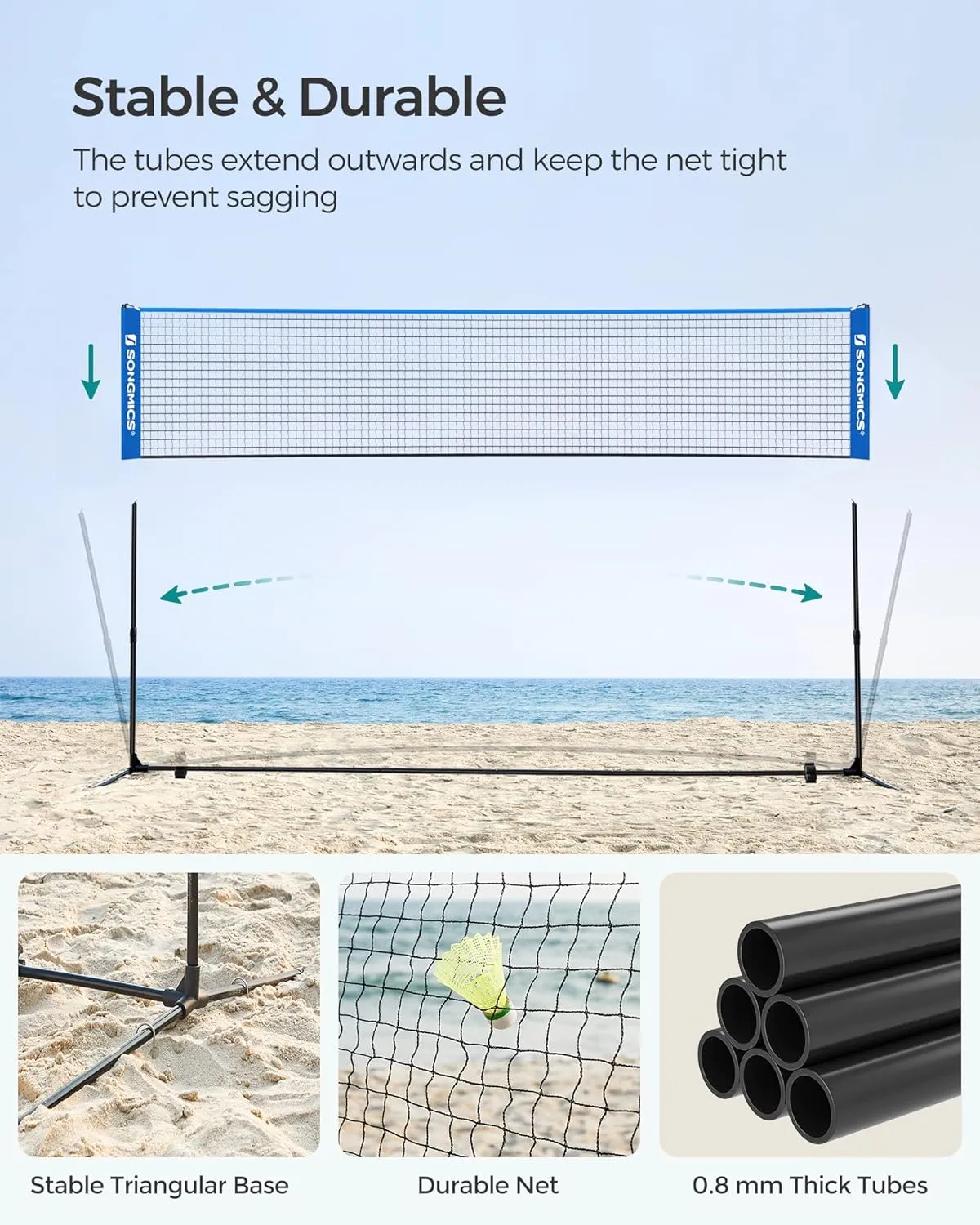 SONGMICS Badminton Net, Height Adjustable Volleyball Net, Pickleball Net for Junior Tennis, Kids, Indoor Outdoor Court, Foldable Nylon Net with Poles 10ft/13ft/16.5ft Wide