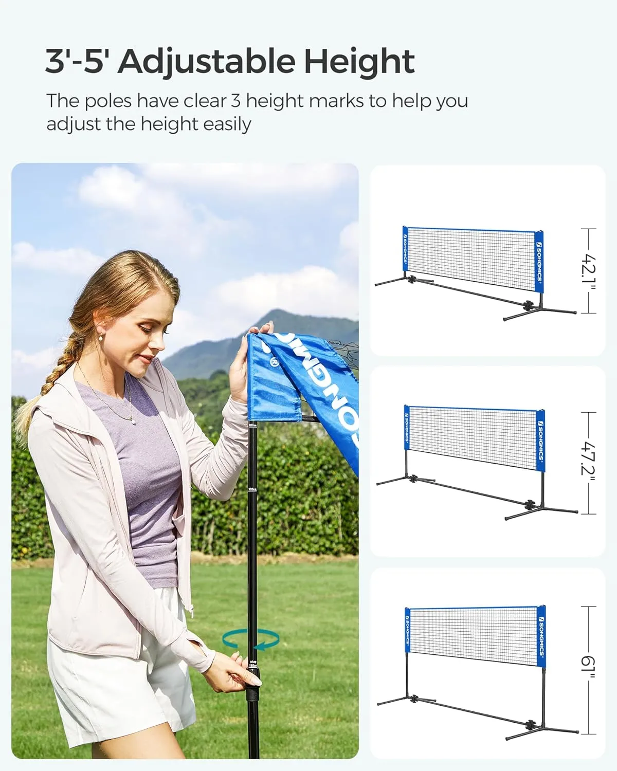 SONGMICS Badminton Net, Height Adjustable Volleyball Net, Pickleball Net for Junior Tennis, Kids, Indoor Outdoor Court, Foldable Nylon Net with Poles 10ft/13ft/16.5ft Wide