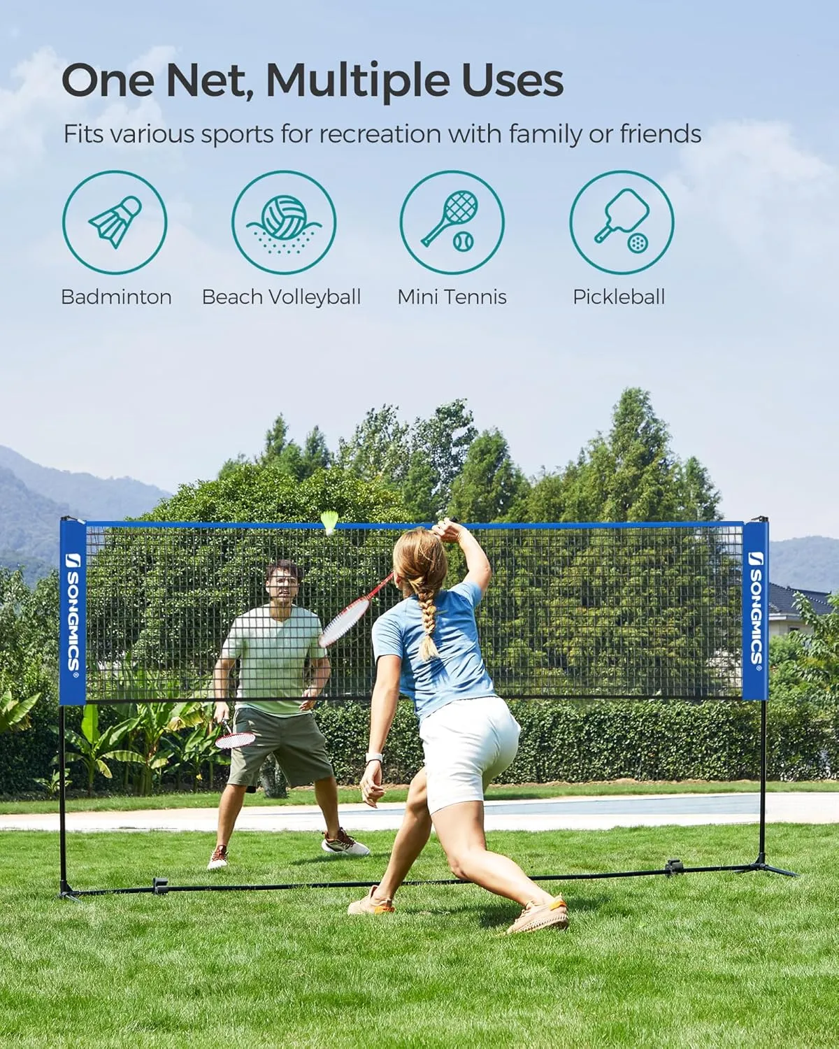 SONGMICS Badminton Net, Height Adjustable Volleyball Net, Pickleball Net for Junior Tennis, Kids, Indoor Outdoor Court, Foldable Nylon Net with Poles 10ft/13ft/16.5ft Wide