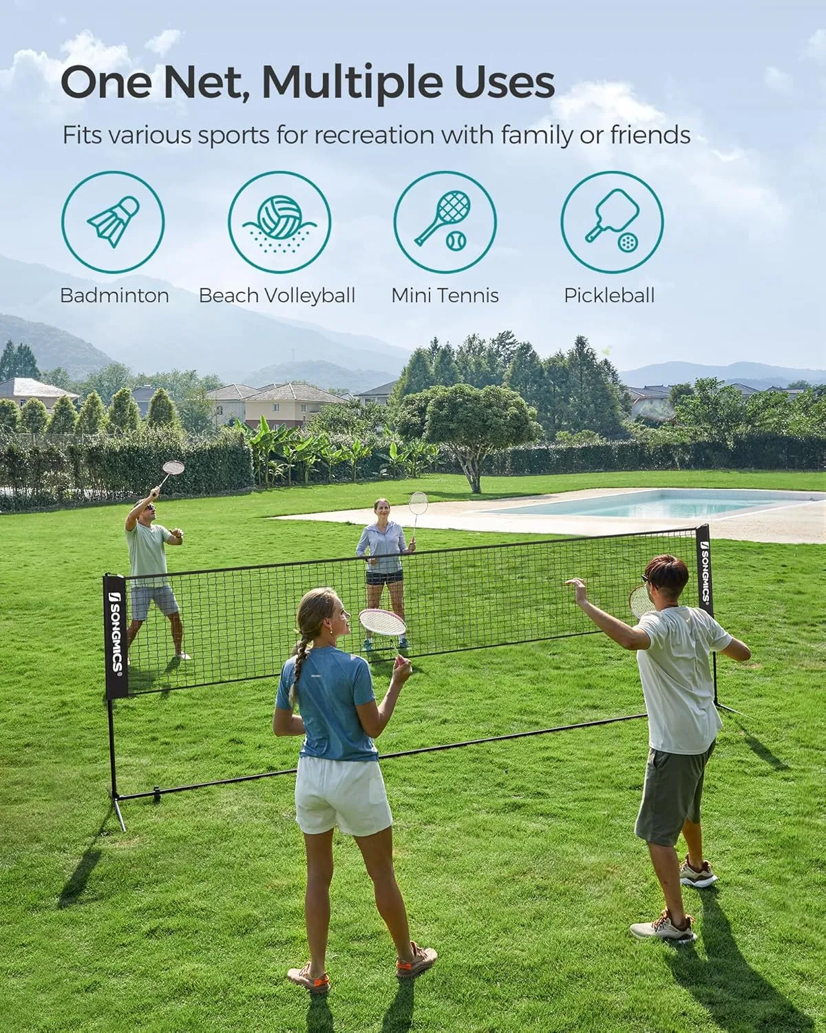 SONGMICS Badminton Net, Height Adjustable Volleyball Net, Pickleball Net for Junior Tennis, Kids, Indoor Outdoor Court, Foldable Nylon Net with Poles 10ft/13ft/16.5ft Wide