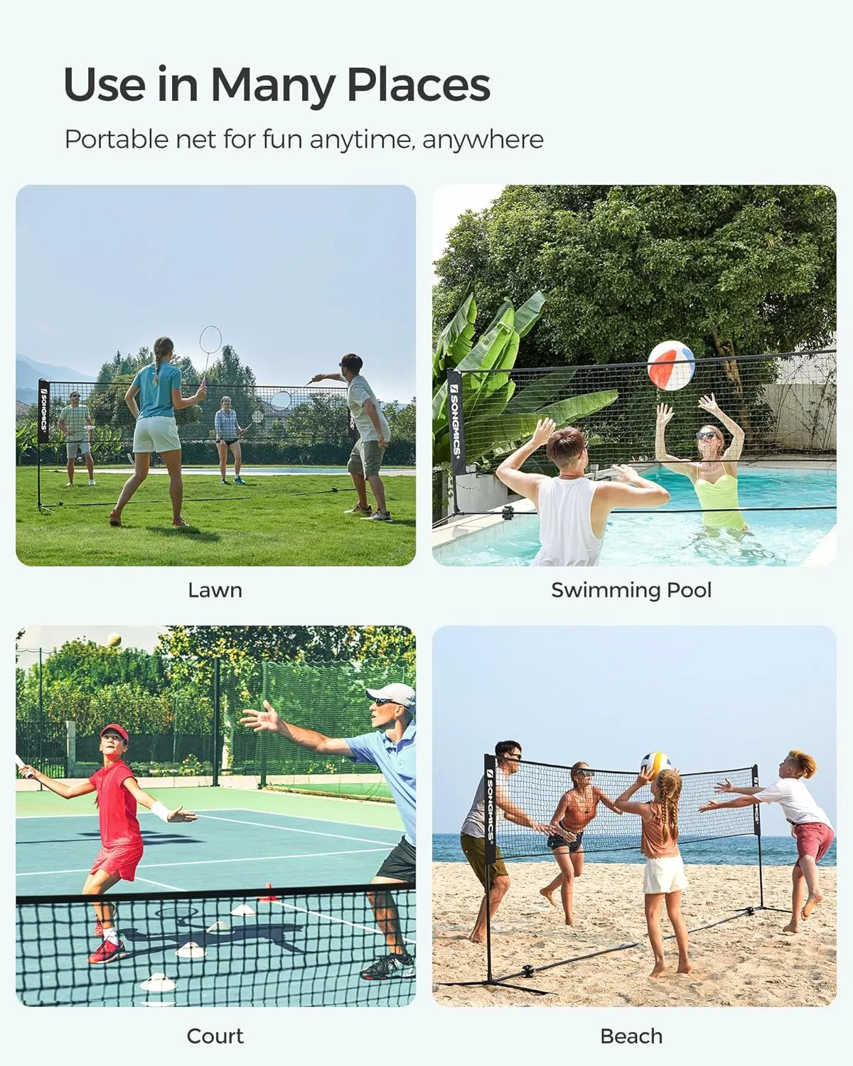 SONGMICS Badminton Net, Height Adjustable Volleyball Net, Pickleball Net for Junior Tennis, Kids, Indoor Outdoor Court, Foldable Nylon Net with Poles 10ft/13ft/16.5ft Wide