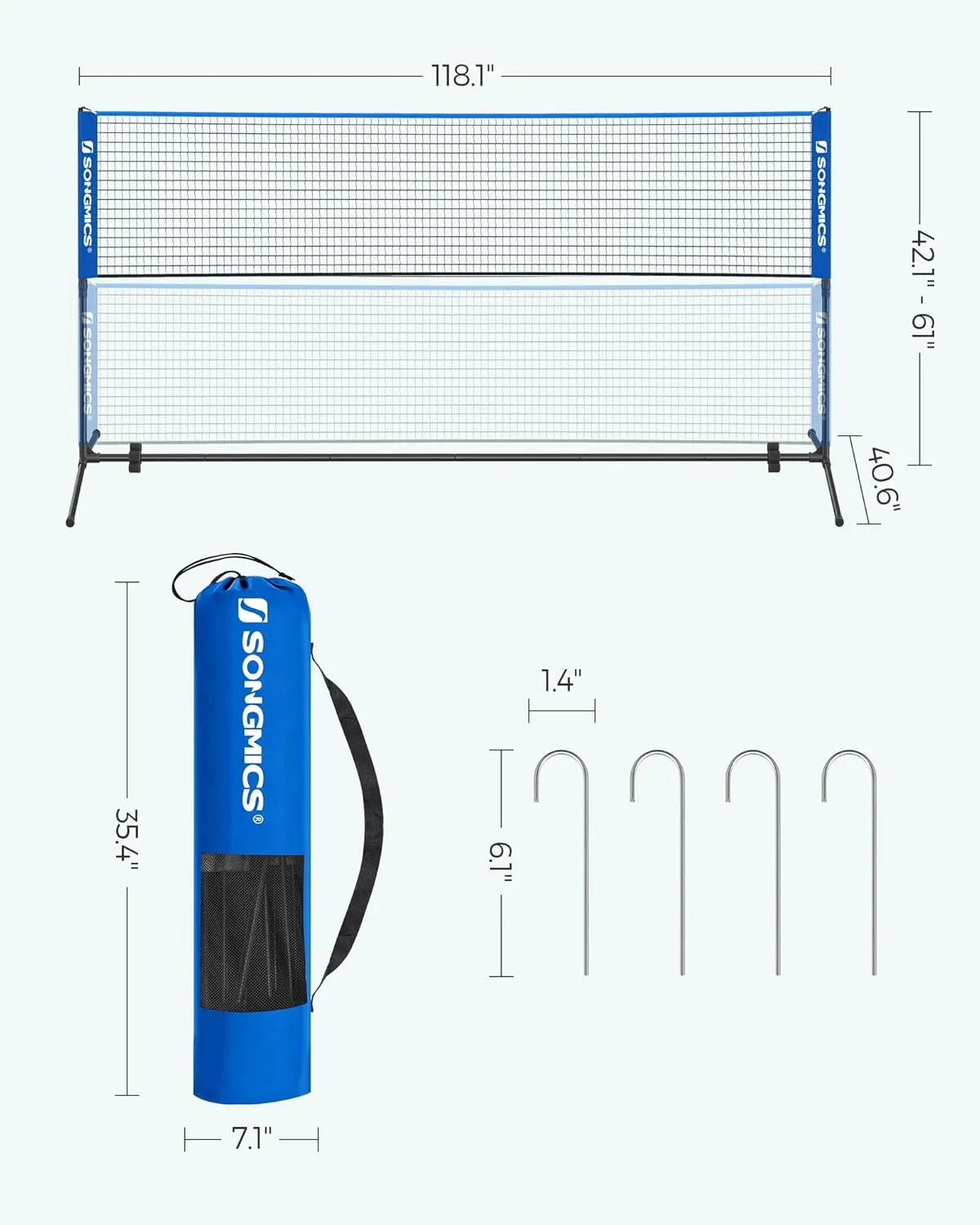SONGMICS Badminton Net, Height Adjustable Volleyball Net, Pickleball Net for Junior Tennis, Kids, Indoor Outdoor Court, Foldable Nylon Net with Poles 10ft/13ft/16.5ft Wide