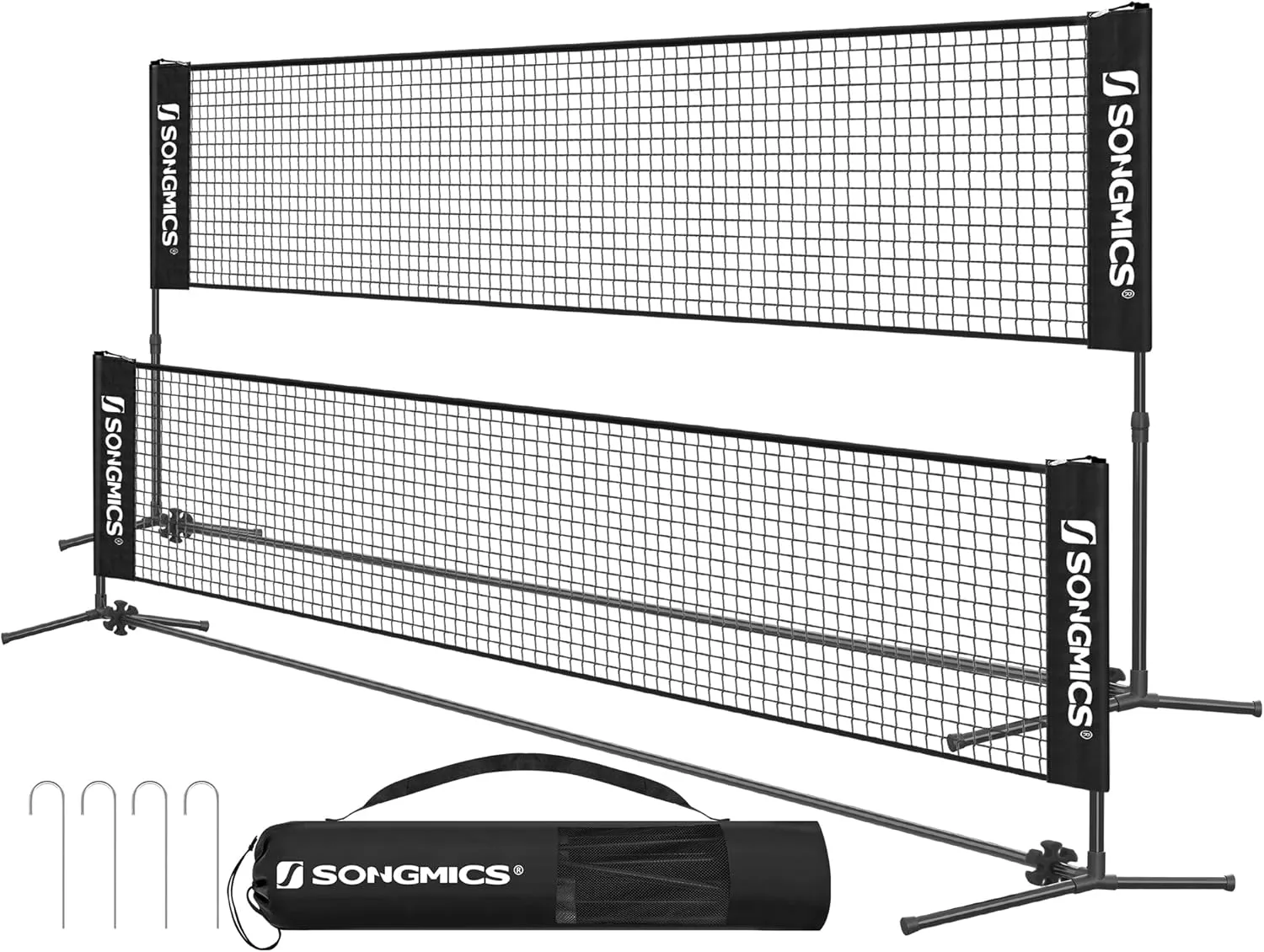 SONGMICS Badminton Net, Height Adjustable Volleyball Net, Pickleball Net for Junior Tennis, Kids, Indoor Outdoor Court, Foldable Nylon Net with Poles 10ft/13ft/16.5ft Wide