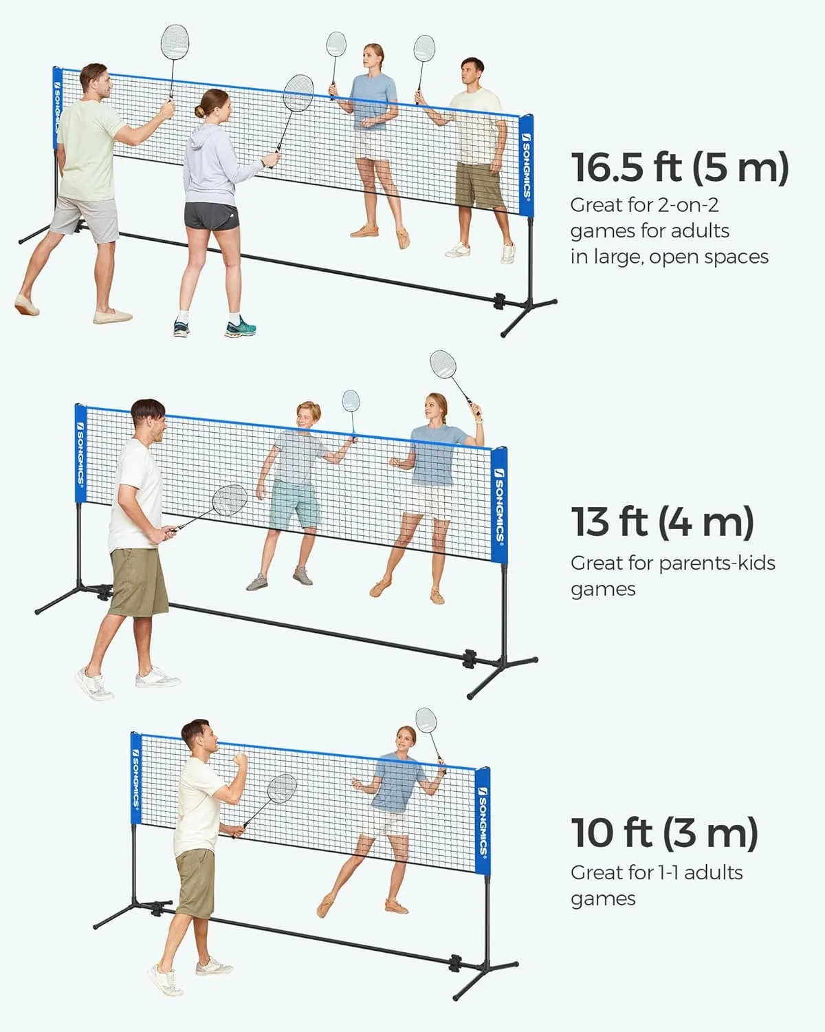 SONGMICS Badminton Net, Height Adjustable Volleyball Net, Pickleball Net for Junior Tennis, Kids, Indoor Outdoor Court, Foldable Nylon Net with Poles 10ft/13ft/16.5ft Wide