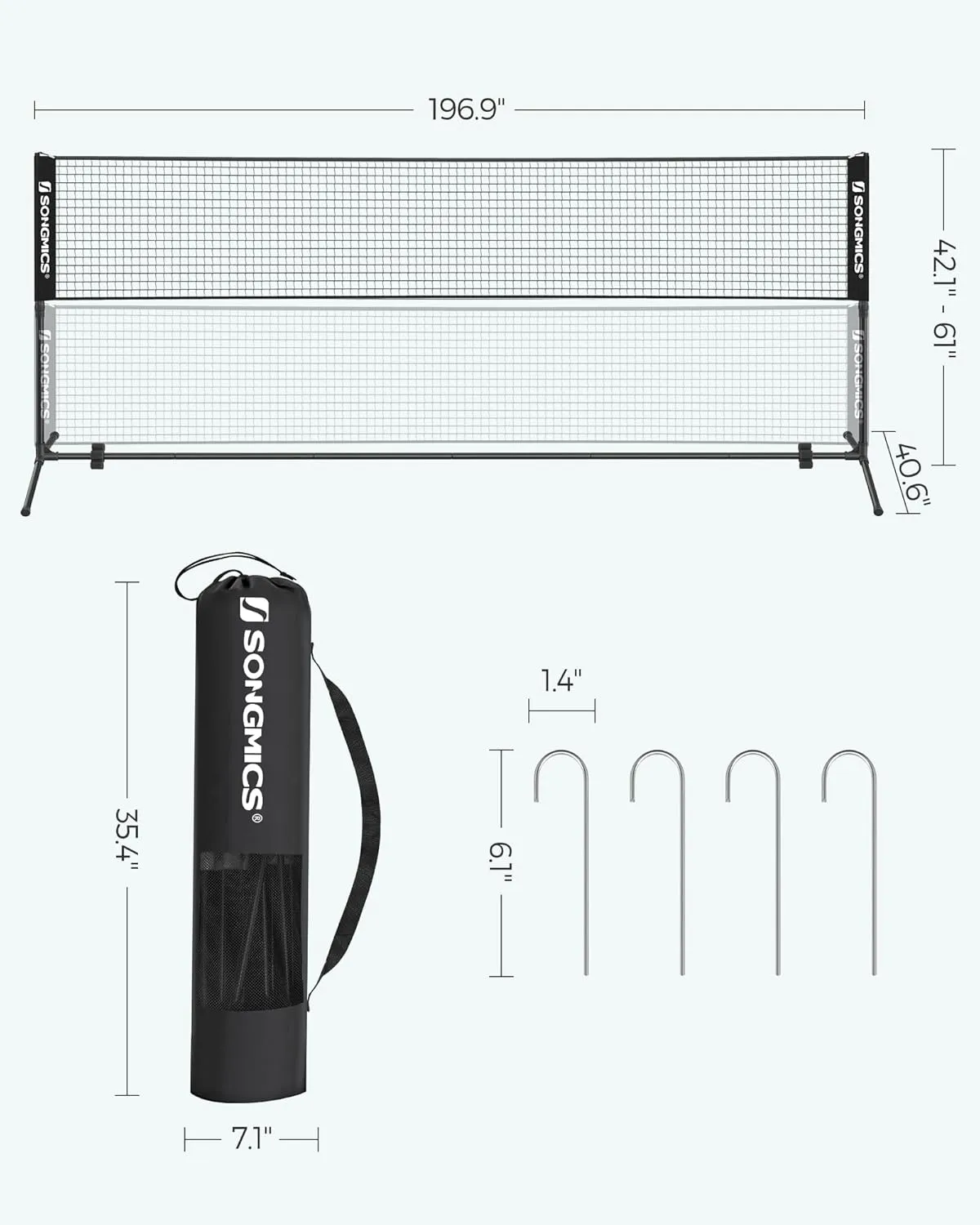 SONGMICS Badminton Net, Height Adjustable Volleyball Net, Pickleball Net for Junior Tennis, Kids, Indoor Outdoor Court, Foldable Nylon Net with Poles 10ft/13ft/16.5ft Wide