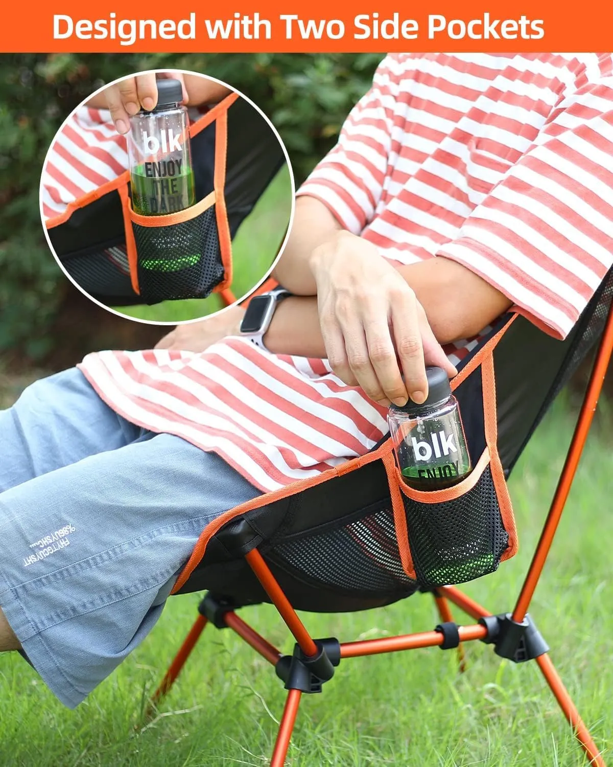 Sportneer Camping Chairs, Lightweight Outdoor Chairs with 2 Side Pockets & Storage Bag, Foldable & Portable Lawn Chairs for Camping Hiking Lawn Picnic Beach Outdoor Travel (1, Orange)