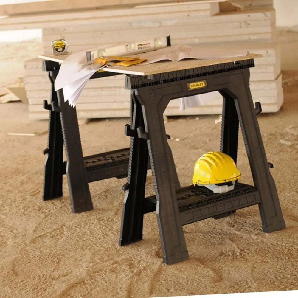 STANLEY Folding Work Bench Saw Horse Twin Pack, Lightweight Rigid Plastic Frame, STST1-70713