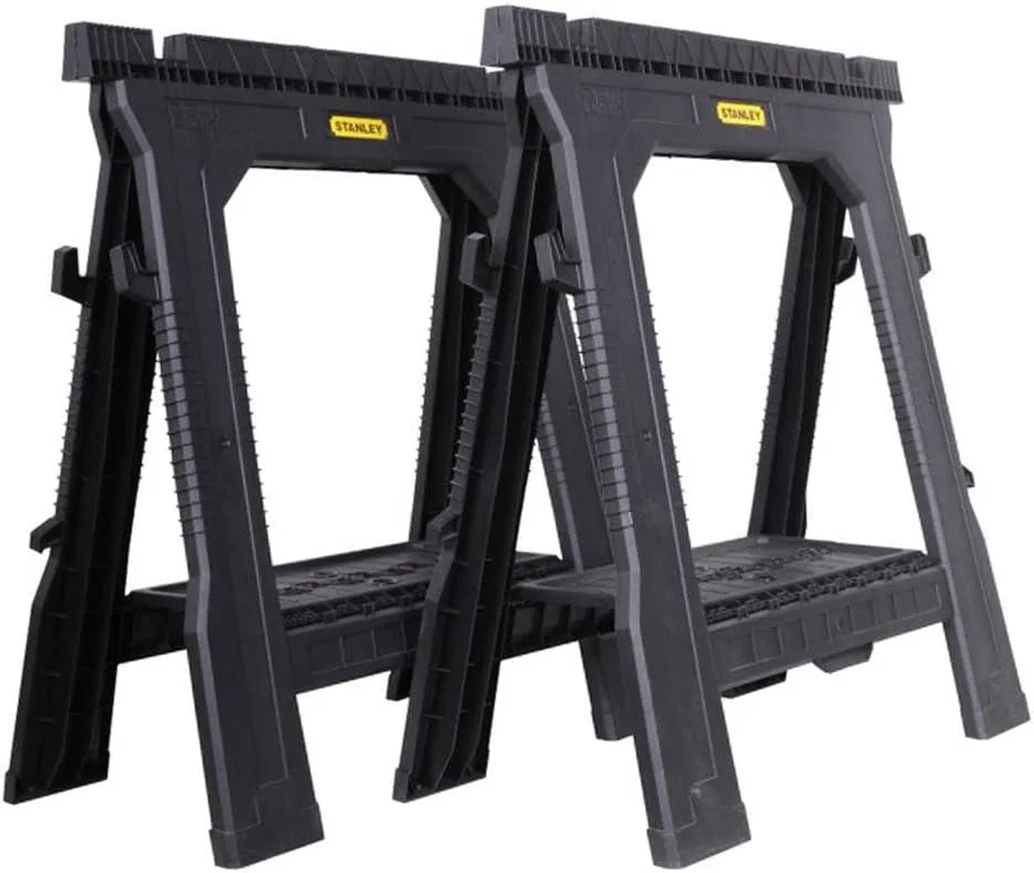 STANLEY Folding Work Bench Saw Horse Twin Pack, Lightweight Rigid Plastic Frame, STST1-70713