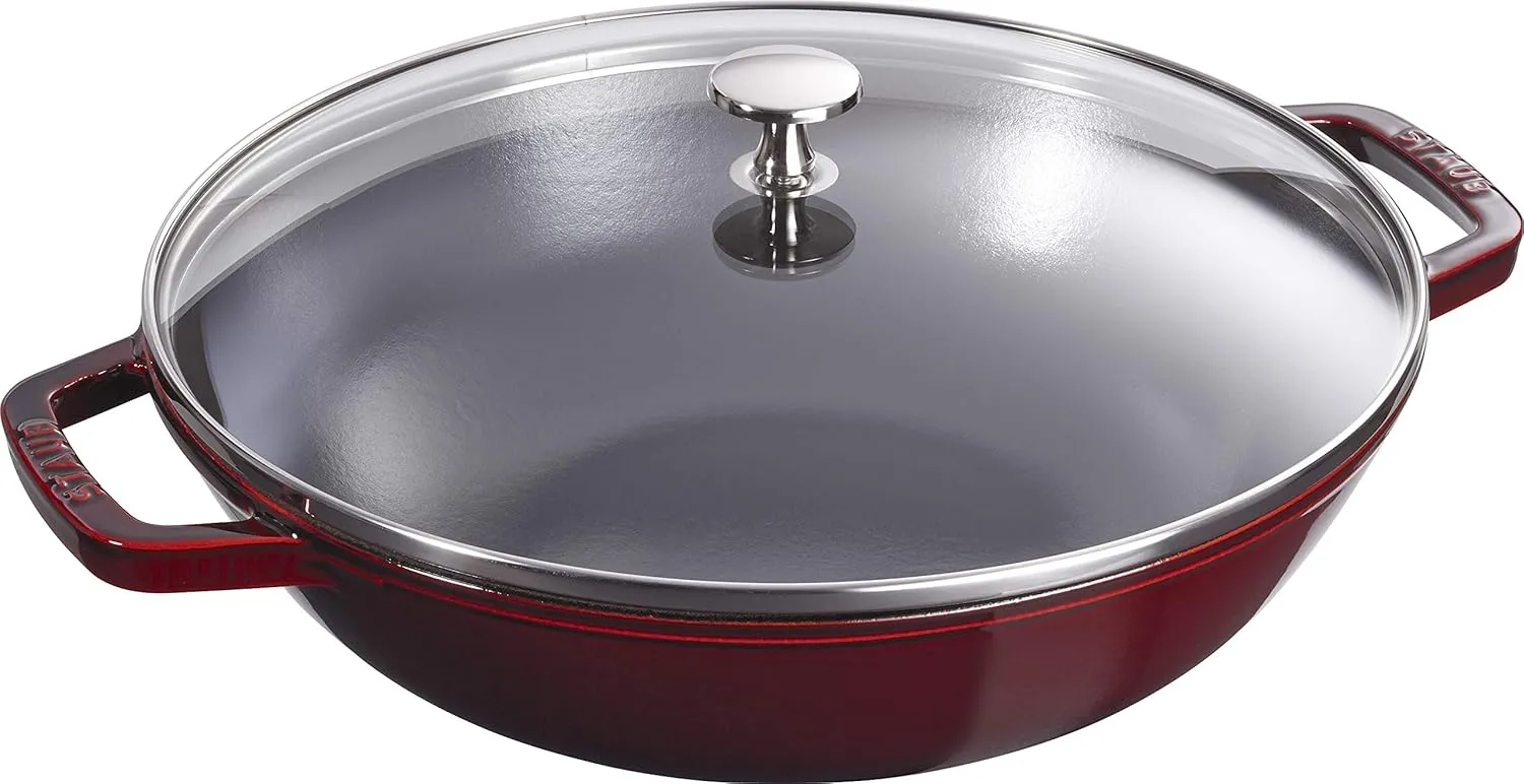 STAUB Cast Iron Wok with Glass Lid and Removable Grill, Ø 30 cm, 4.40 L, Grenadine