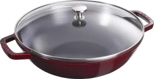STAUB Cast Iron Wok with Glass Lid and Removable Grill, Ø 30 cm, 4.40 L, Grenadine