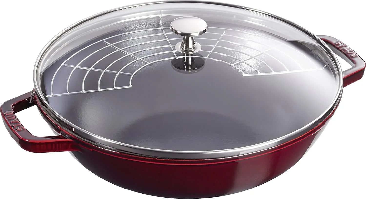 STAUB Cast Iron Wok with Glass Lid and Removable Grill, Ø 30 cm, 4.40 L, Grenadine