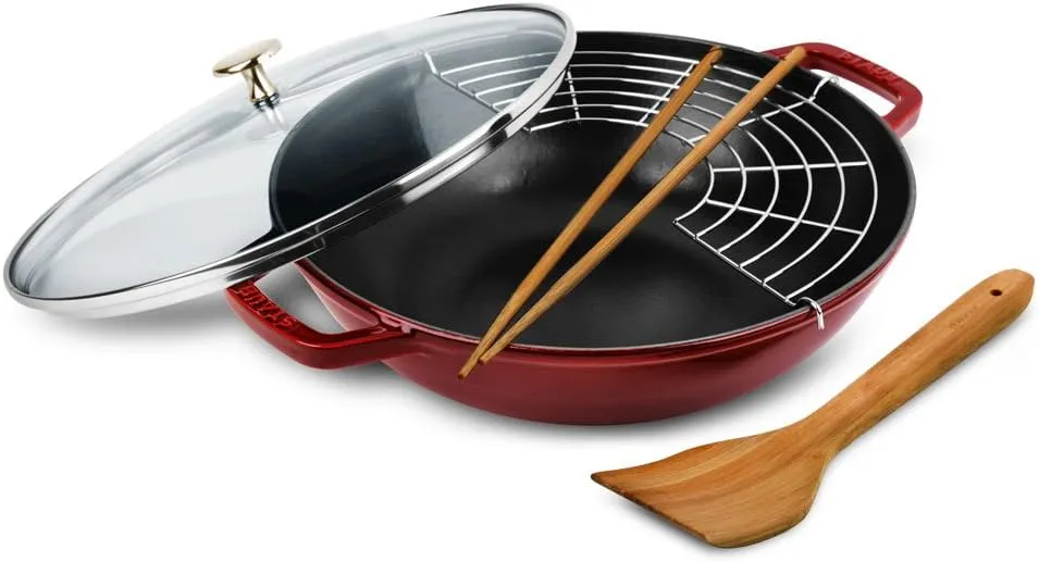 STAUB Cast Iron Wok with Glass Lid and Removable Grill, Ø 30 cm, 4.40 L, Grenadine