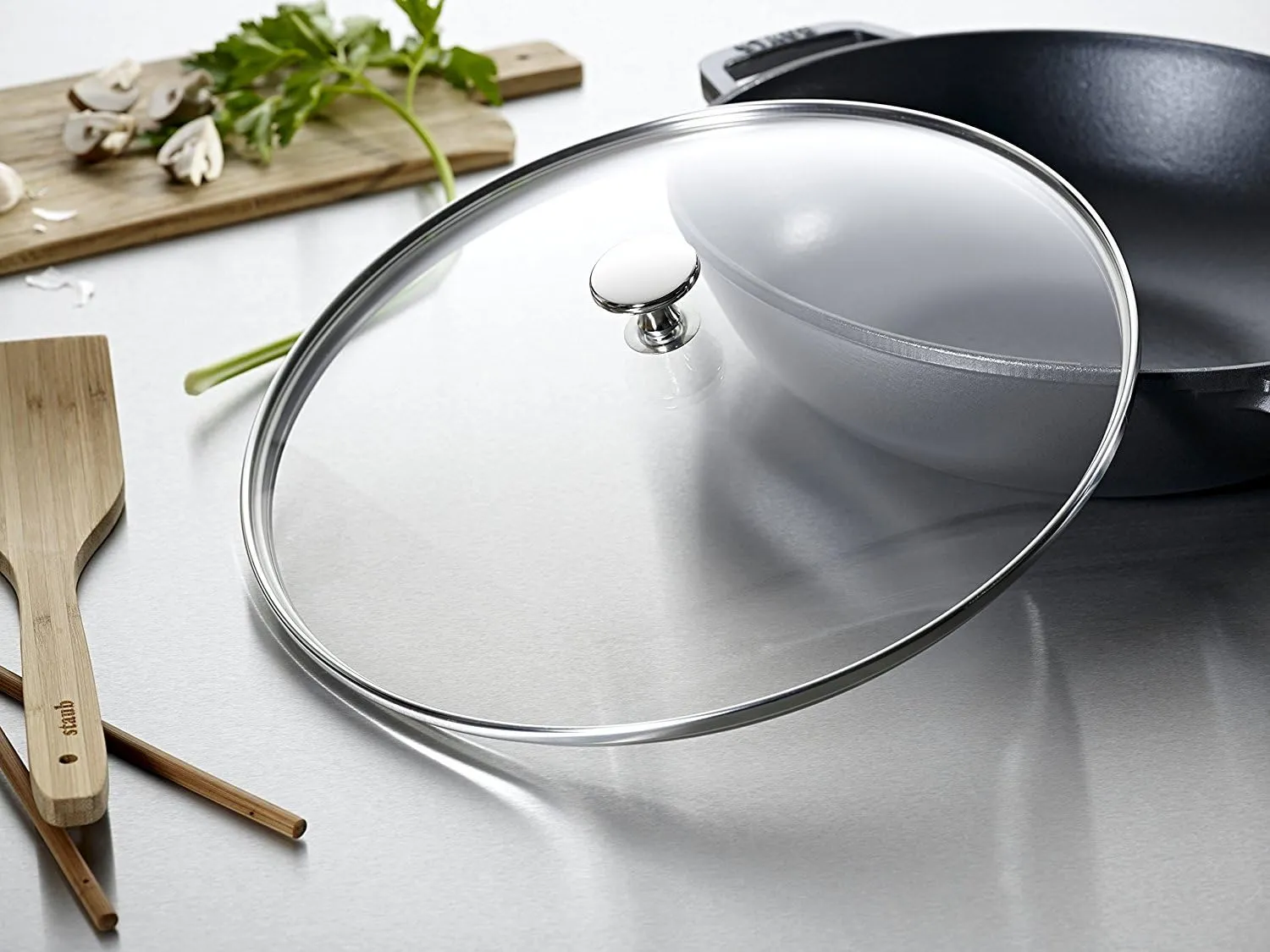 STAUB Cast Iron Wok with Glass Lid and Removable Grill, Ø 30 cm, 4.40 L, Grenadine
