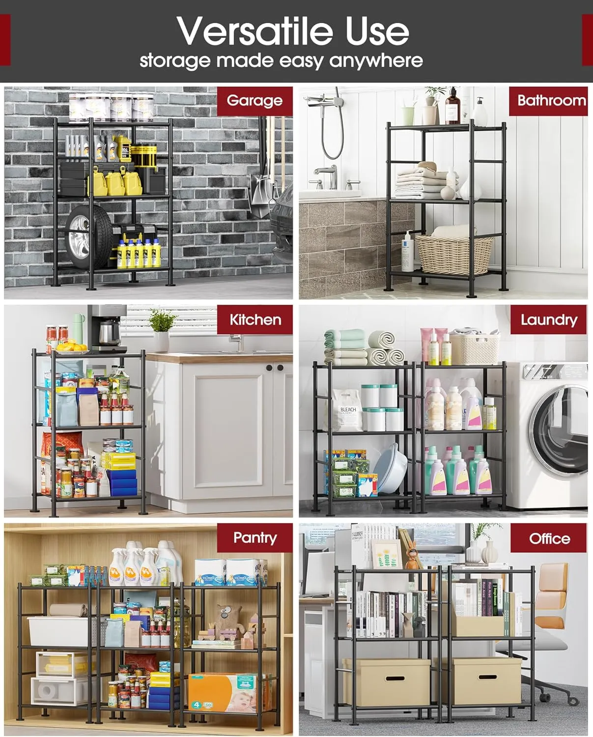 Storage Shelves - 3 Tier Shelf Organizer, Sturdy Metal Shelving with Adjustable Leveling Feet, Space-Saving Shelves Organizer for Pantry, Laundry, Kitchen (18" x 12" x 30", Black)