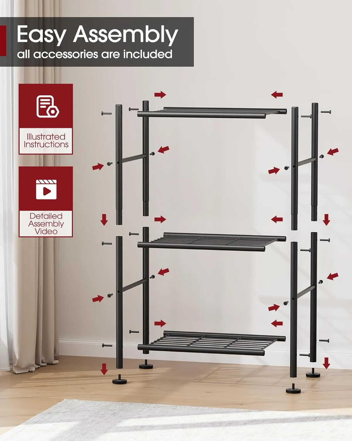 Storage Shelves - 3 Tier Shelf Organizer, Sturdy Metal Shelving with Adjustable Leveling Feet, Space-Saving Shelves Organizer for Pantry, Laundry, Kitchen (18" x 12" x 30", Black)