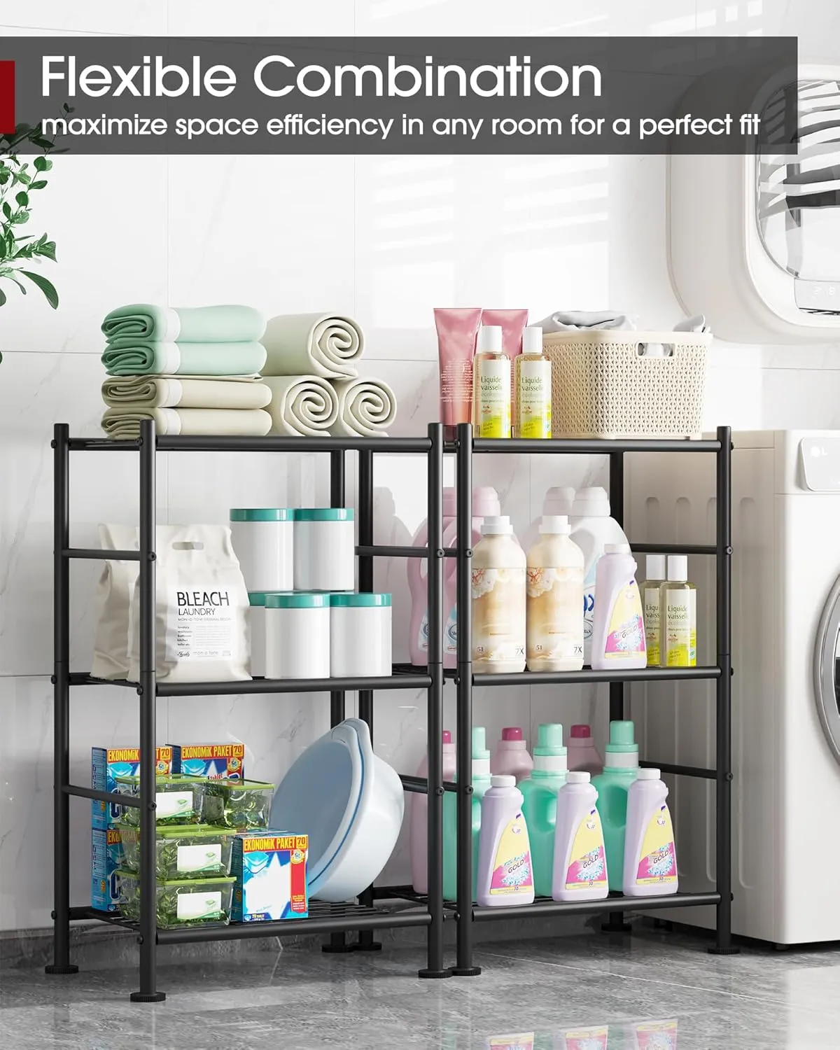Storage Shelves - 3 Tier Shelf Organizer, Sturdy Metal Shelving with Adjustable Leveling Feet, Space-Saving Shelves Organizer for Pantry, Laundry, Kitchen (18" x 12" x 30", Black)