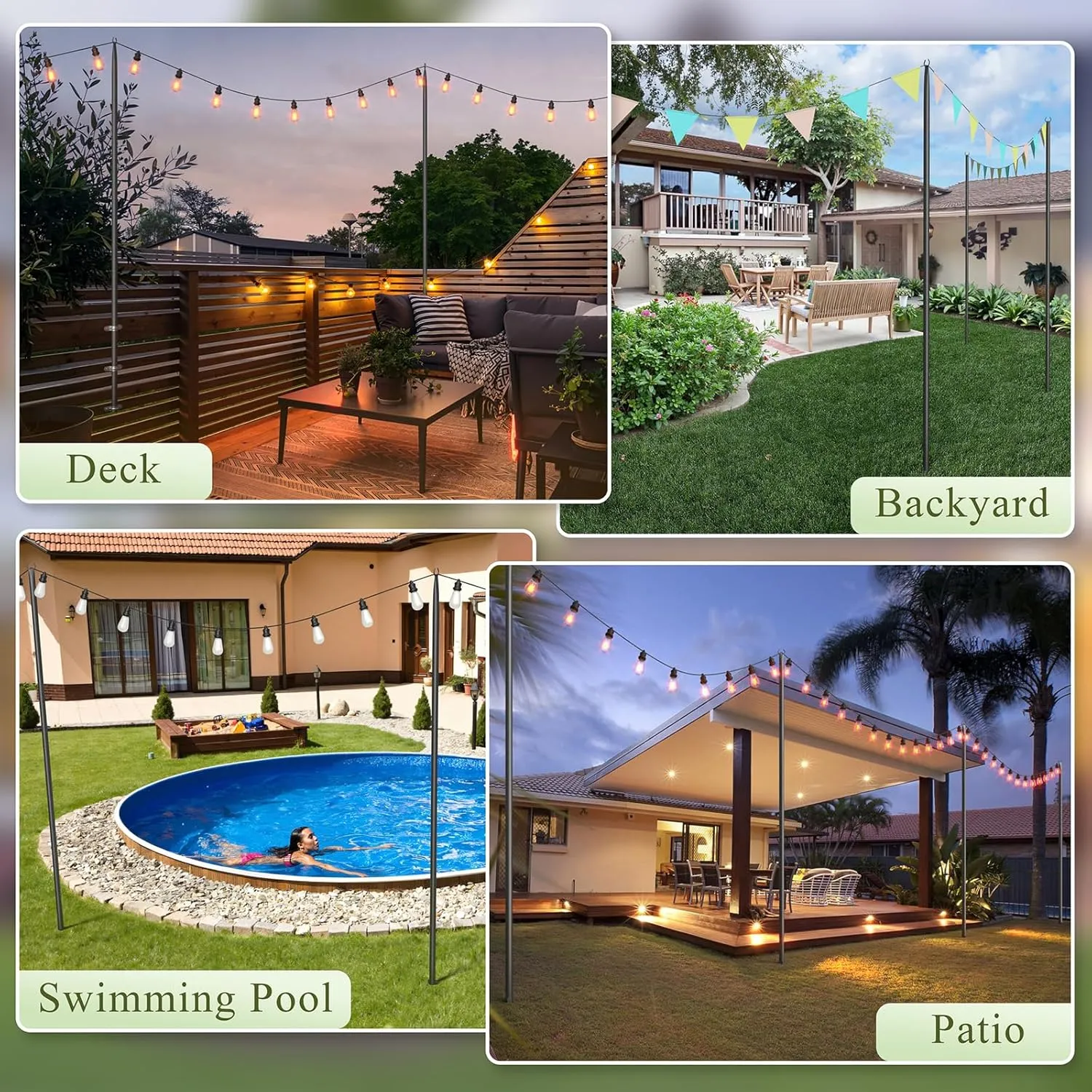 String Light Poles for Outside, 10ft Adjustable Metal Poles for Outdoor String Lights Hanging Light, Outdoor Light Poles with Fork, for Patio, Deck, Backyard, Garden (4 Pack)