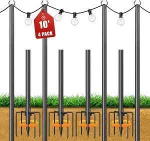 String Light Poles for Outside, 10ft Adjustable Metal Poles for Outdoor String Lights Hanging Light, Outdoor Light Poles with Fork, for Patio, Deck, Backyard, Garden (4 Pack)