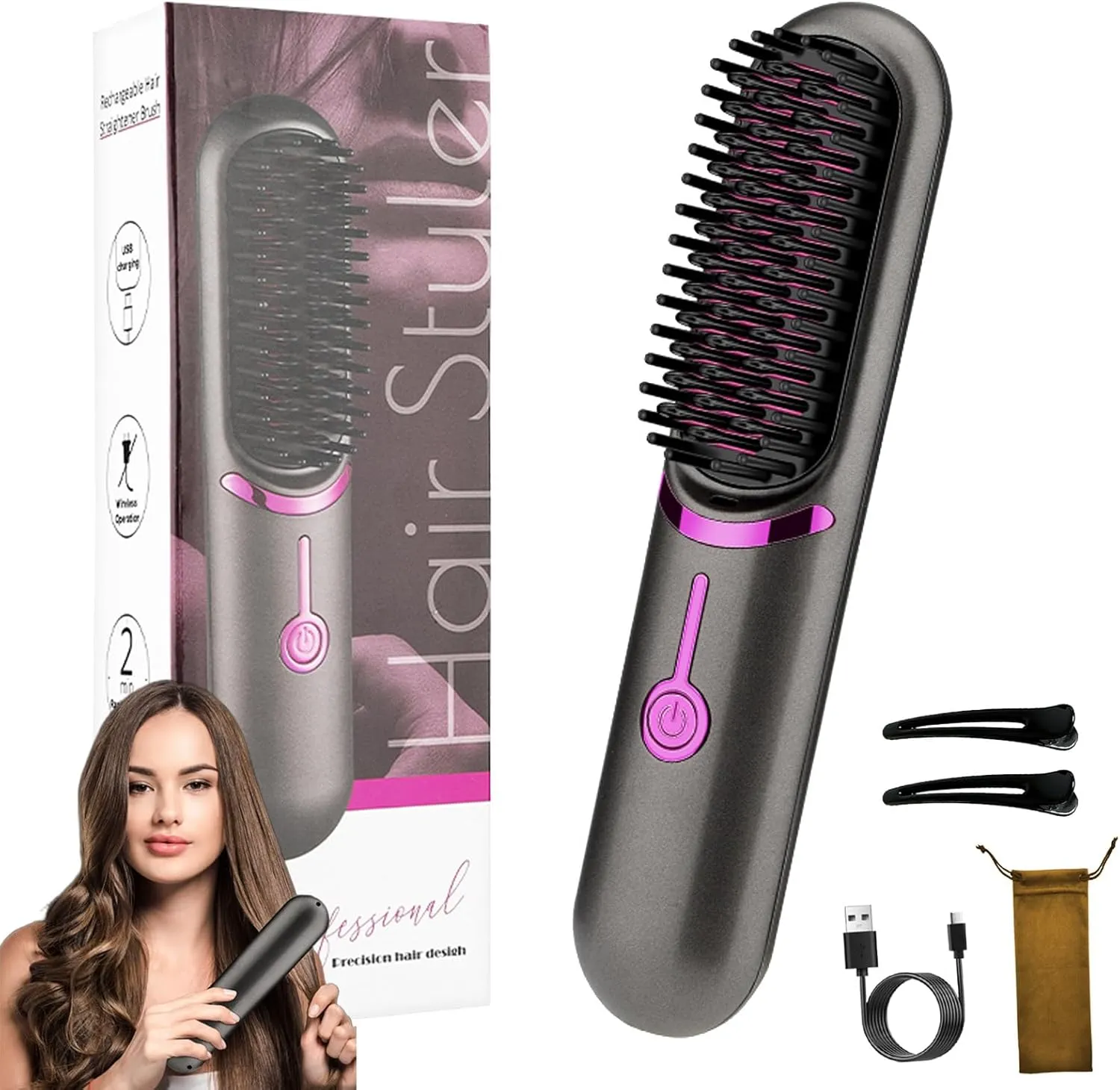 Styluse Beauty Hair Brush, Portable Hair Straightener Brush for Women, Cordless Ceramic Glaze Bristles, PTC Heating, 3 Temp Settings, Anti-Frizz & Damage-Free (Gray)