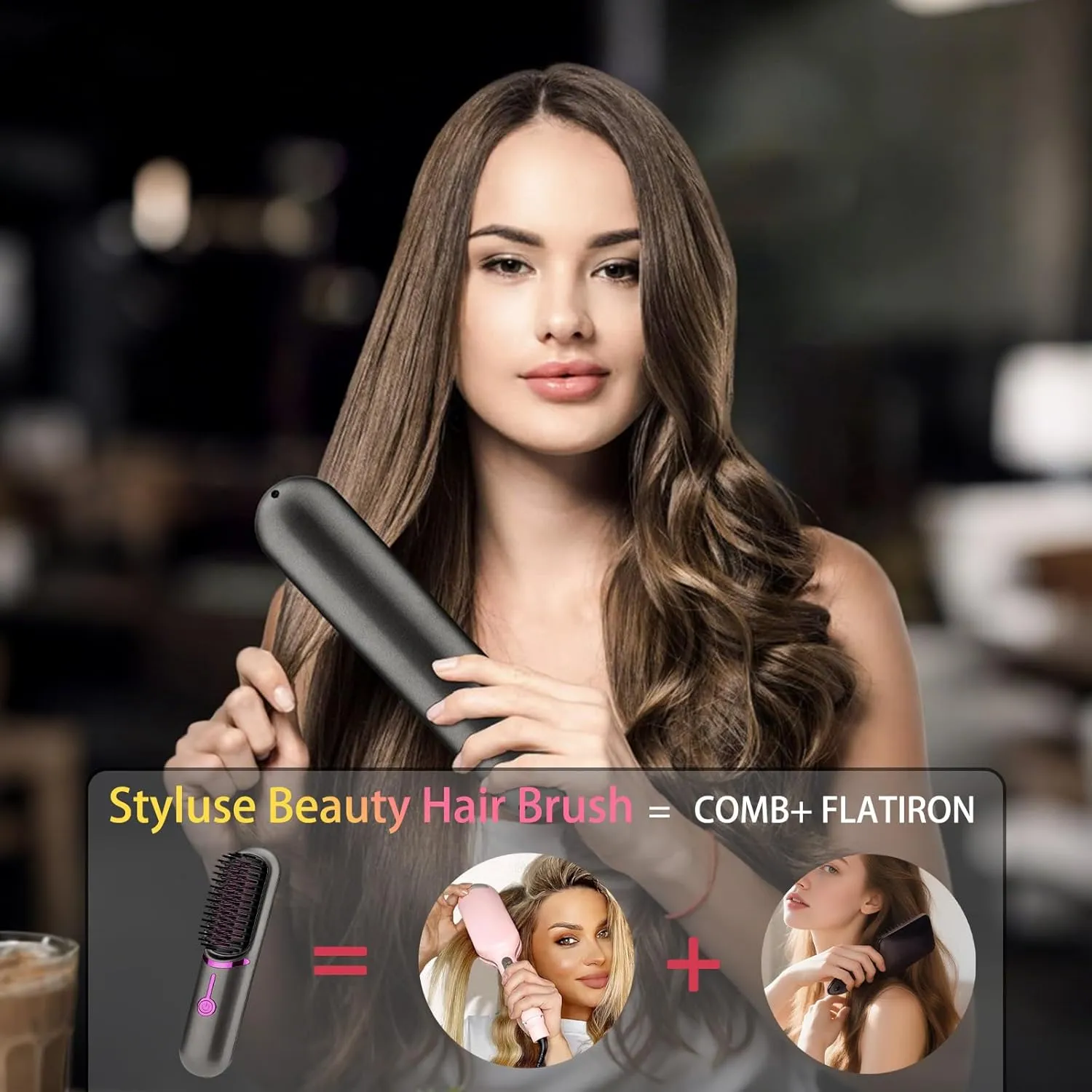 Styluse Beauty Hair Brush, Portable Hair Straightener Brush for Women, Cordless Ceramic Glaze Bristles, PTC Heating, 3 Temp Settings, Anti-Frizz & Damage-Free (Gray)