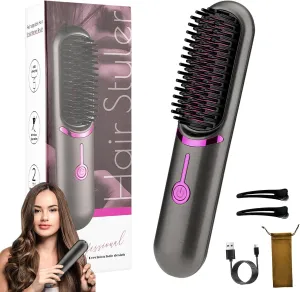 Styluse Beauty Hair Brush, Portable Hair Straightener Brush for Women, Cordless Ceramic Glaze Bristles, PTC Heating, 3 Temp Settings, Anti-Frizz & Damage-Free (Gray)