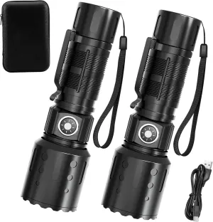 Super Bright & Rechargeable Flashlight – High-Powered FlasAhlights, Memory Function, 6 Modes, IPX5 Waterproof | Compact LED Light for Emergency, Outdoor & Home Use-2PCS