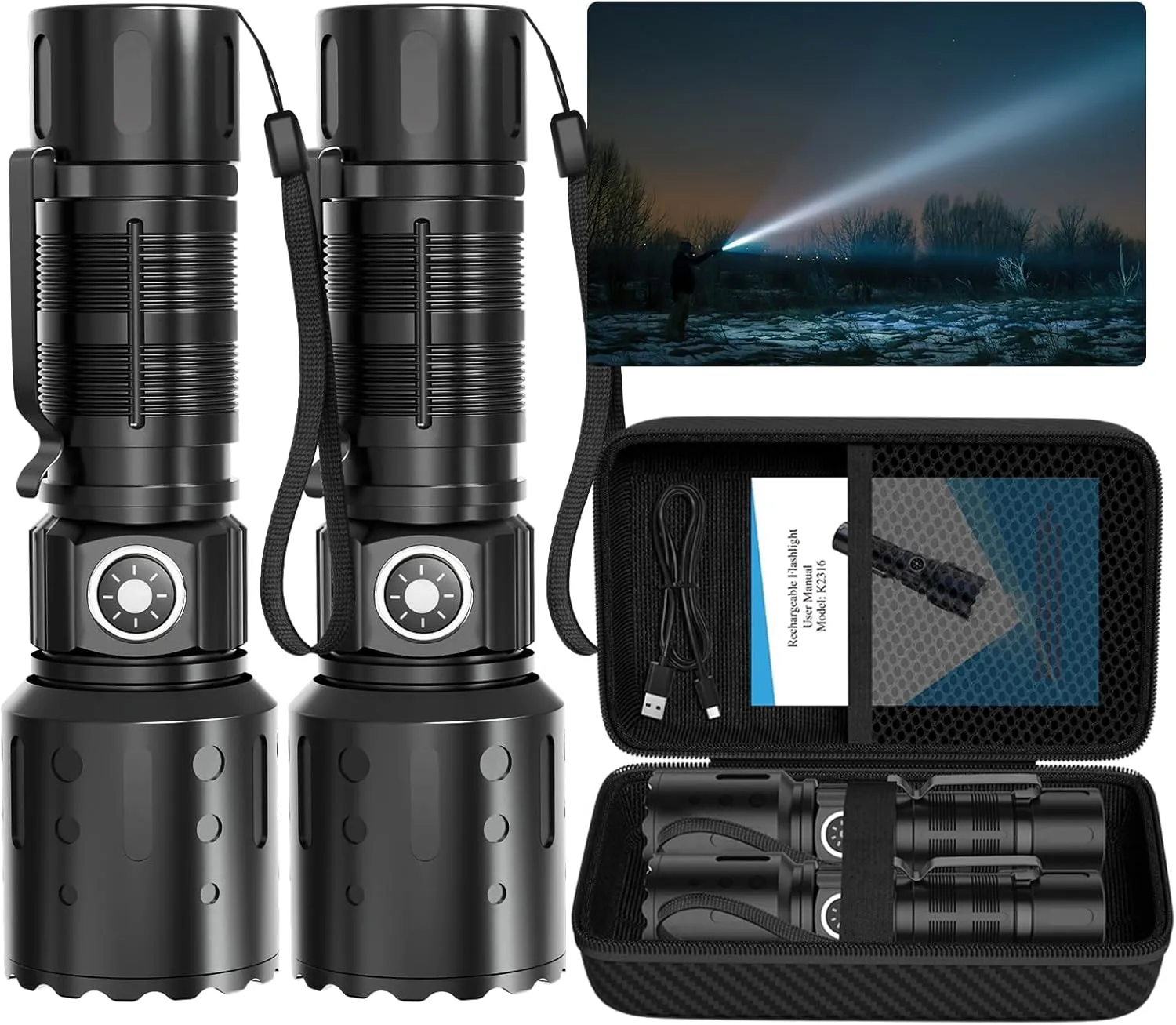 Super Bright & Rechargeable Flashlight – High-Powered FlasAhlights, Memory Function, 6 Modes, IPX5 Waterproof | Compact LED Light for Emergency, Outdoor & Home Use-2PCS