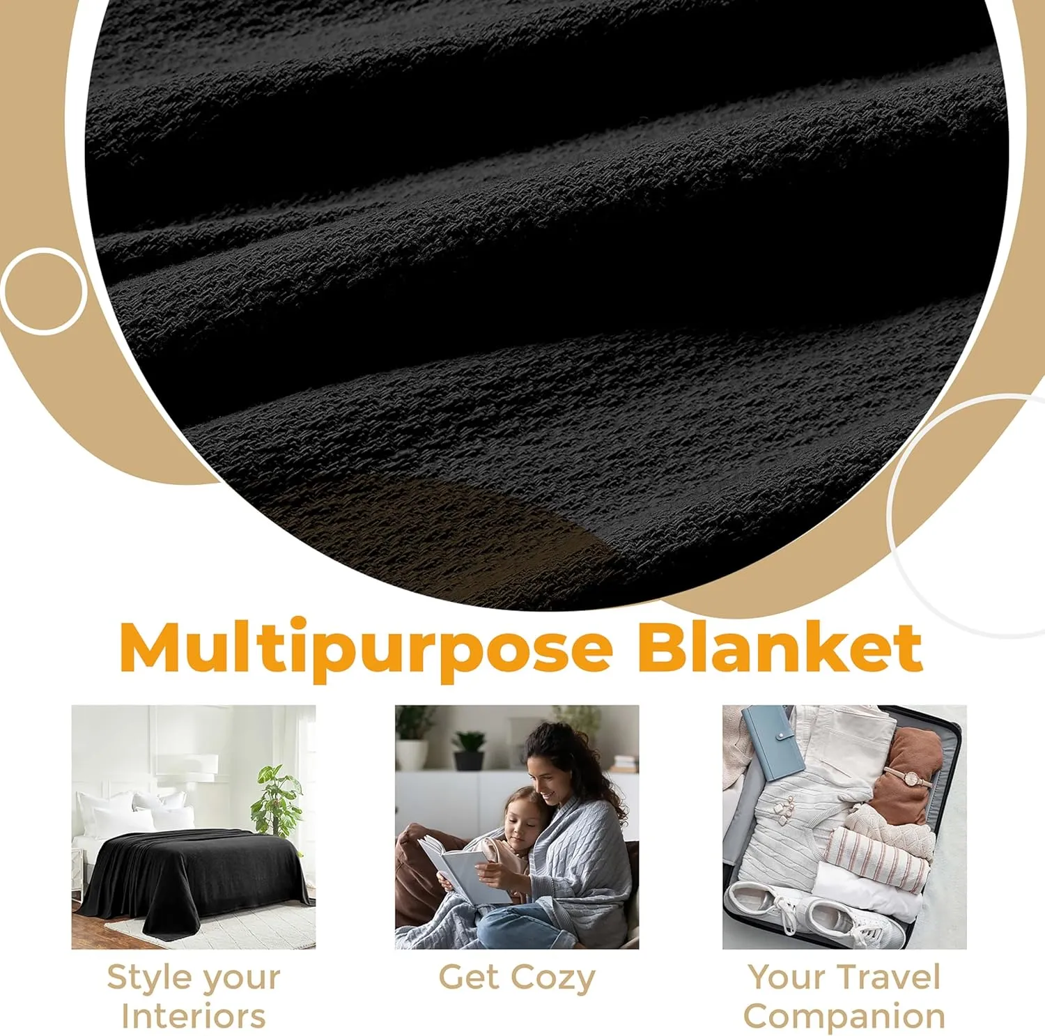 Superior Waffle Weave Cotton Blanket, for Picnic, Beach, Traveling or Camping, Comfy Blanket, Bedroom Decor, Essentials, Cover for Bed, Couch, Lounging, Honeycomb Knit, Full/Queen, Black