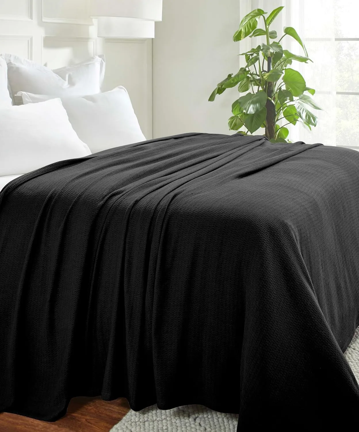 Superior Waffle Weave Cotton Blanket, for Picnic, Beach, Traveling or Camping, Comfy Blanket, Bedroom Decor, Essentials, Cover for Bed, Couch, Lounging, Honeycomb Knit, Full/Queen, Black