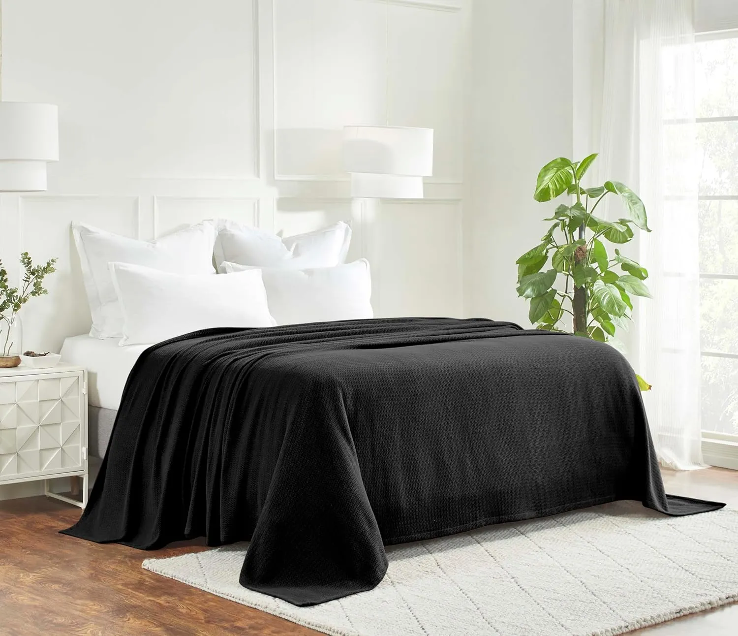 Superior Waffle Weave Cotton Blanket, for Picnic, Beach, Traveling or Camping, Comfy Blanket, Bedroom Decor, Essentials, Cover for Bed, Couch, Lounging, Honeycomb Knit, Full/Queen, Black