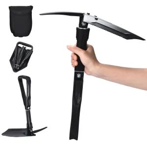 Survival Folding Shovel & Pick Axe - Heavy Duty Tactical with Lengthened Handle - Military Folding Entrenching Tool - Emergency Gear - Tool for Off Road, Camping, Digging Dirt, Sand, Mud & Snow Black