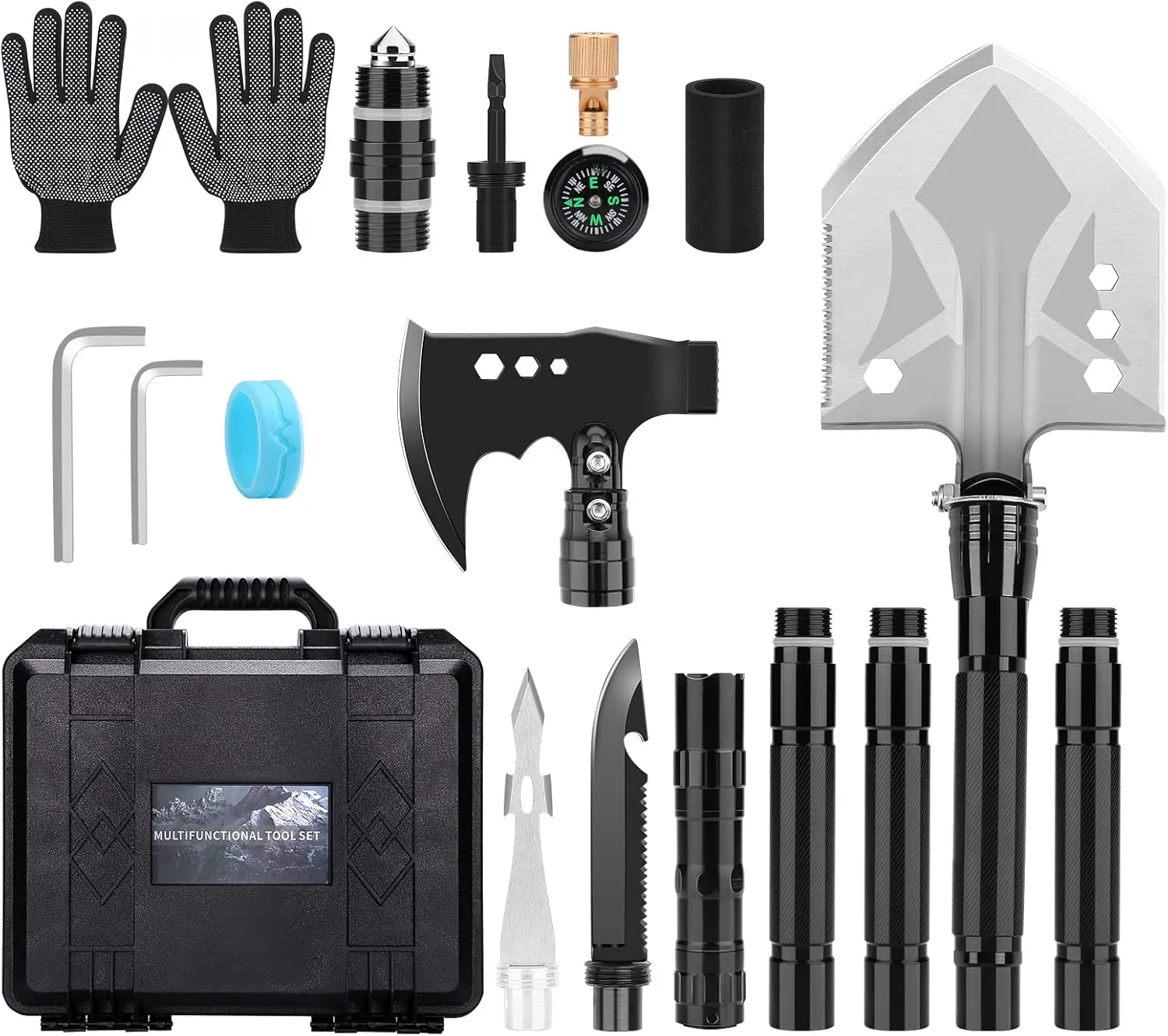 Survival Utility Shovel Axe Multitool, Fixm Folding Shovel Hatchet Survival Tool Set with Storage Hard Box, Camping Gear for Outdoors, Camping, Hiking and Car Emergency