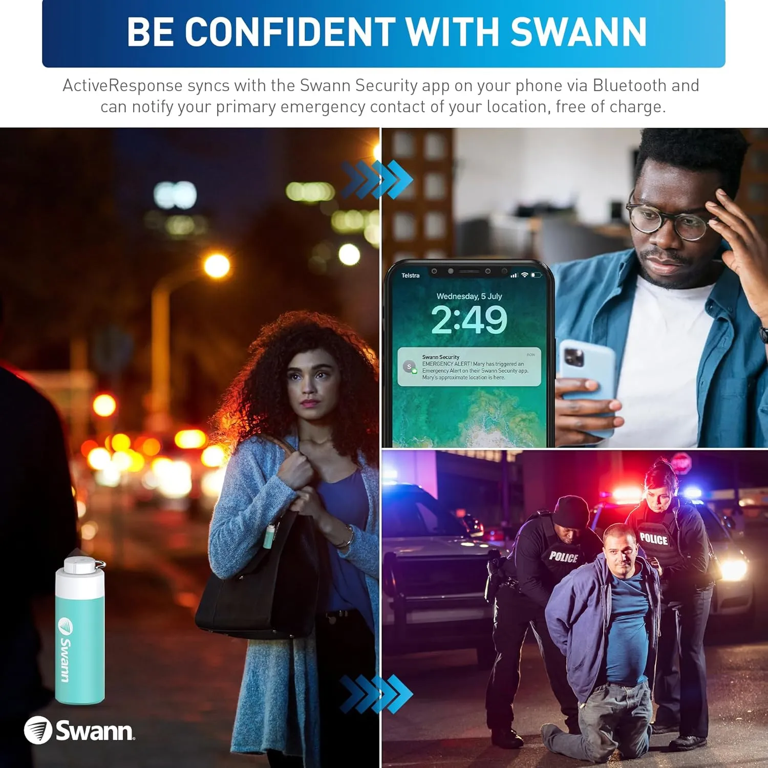 Swann ActiveResponse Mobile Personal Safety Alarm - 110dB Loud Emergency Siren with SMS Alerts & Mobile Connectivity, Long Battery Life, Smart SOS Safety Alarm, Key Chain, MPRS