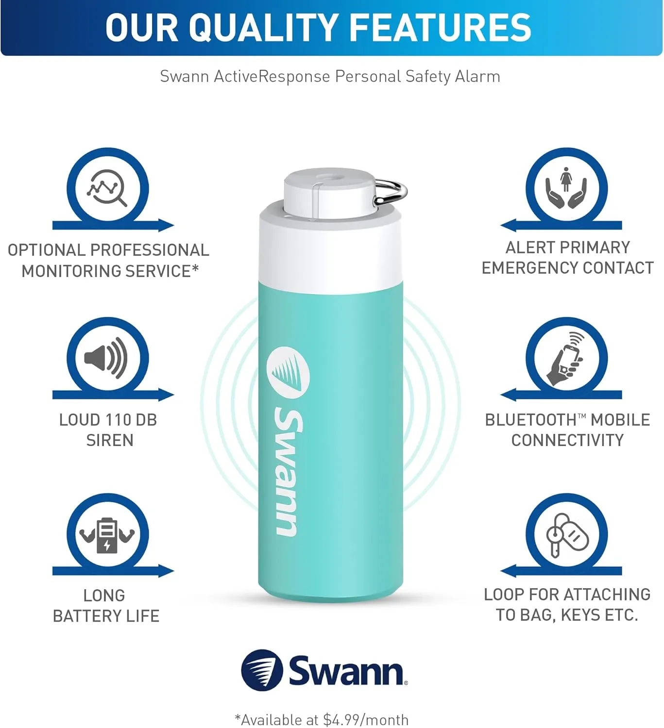 Swann ActiveResponse Mobile Personal Safety Alarm - 110dB Loud Emergency Siren with SMS Alerts & Mobile Connectivity, Long Battery Life, Smart SOS Safety Alarm, Key Chain, MPRS
